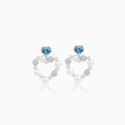 18k white gold heart-shaped earrings decorated with pearls, natural diamond and natural Swiss blue Topaz stones | danah collection