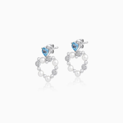 18k white gold heart-shaped earrings decorated with pearls, natural diamond and natural Swiss blue Topaz stones | danah collection