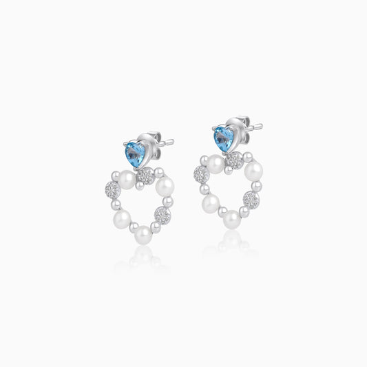 18k white gold heart-shaped earrings decorated with pearls, natural diamond and natural Swiss blue Topaz stones | danah collection