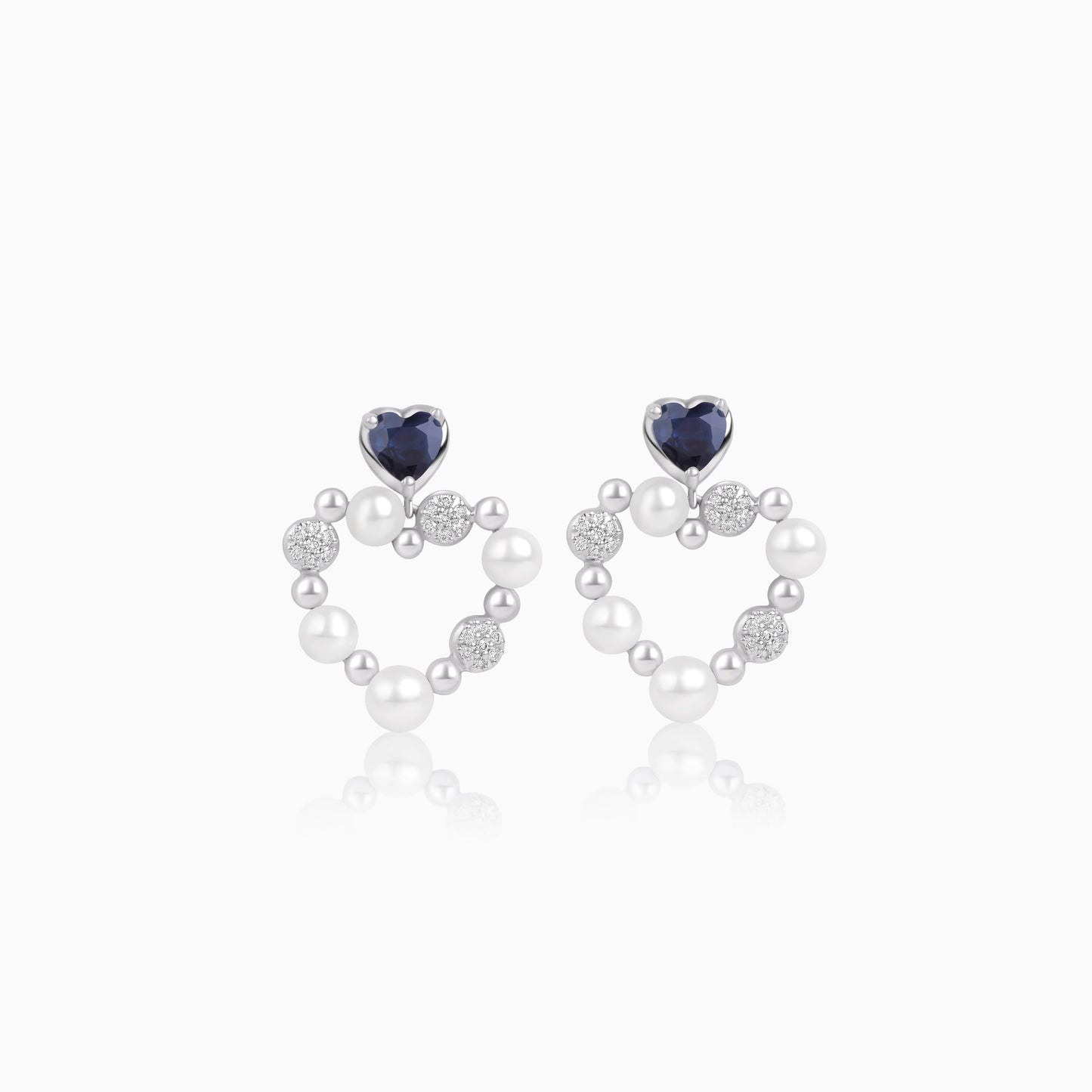 18k White Gold Pearl & Natural Diamond Open Heart Earrings with Blue Sapphire - Danah Diamond Collection