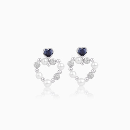 18k White Gold Pearl & Natural Diamond Open Heart Earrings with Blue Sapphire - Danah Diamond Collection