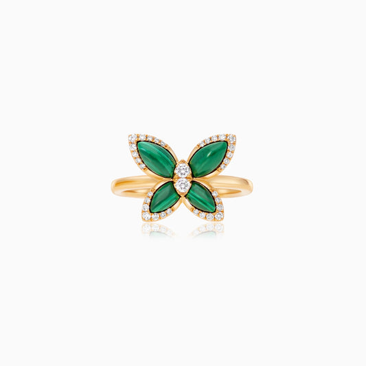 18K Yellow Gold Butterfly-Shaped Ring Decorated with Malachite and Natural Diamond Stones from the Mosaic Collection