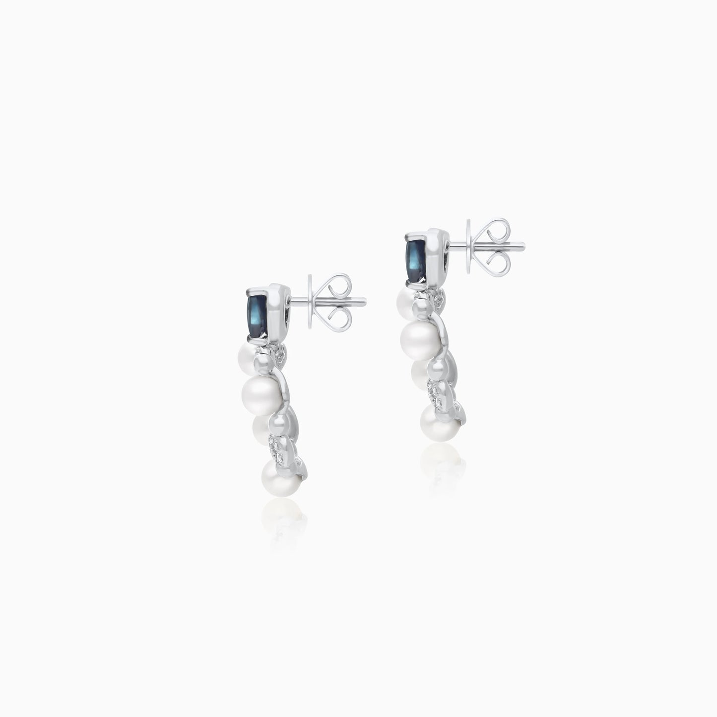 18k White Gold Pearl & Natural Diamond Open Heart Earrings with Blue Sapphire - Danah Diamond Collection