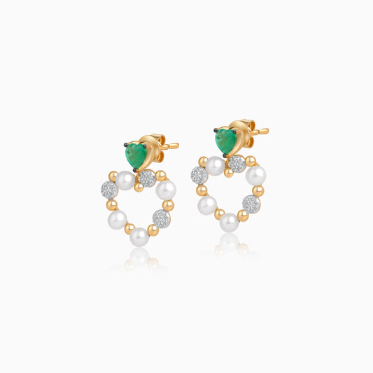18k Yellow Gold Heart-Shaped Earrings Decorated with Pearls, Natural Diamond and Natural Emerald Stones | Danah Collection