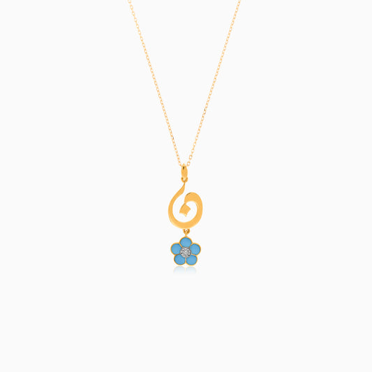 18K Yellow Gold Kids’ Chain with Arabic ‘Noon’ Pendant & Turquoise Enamel Flower | Horoufi Kids Collection