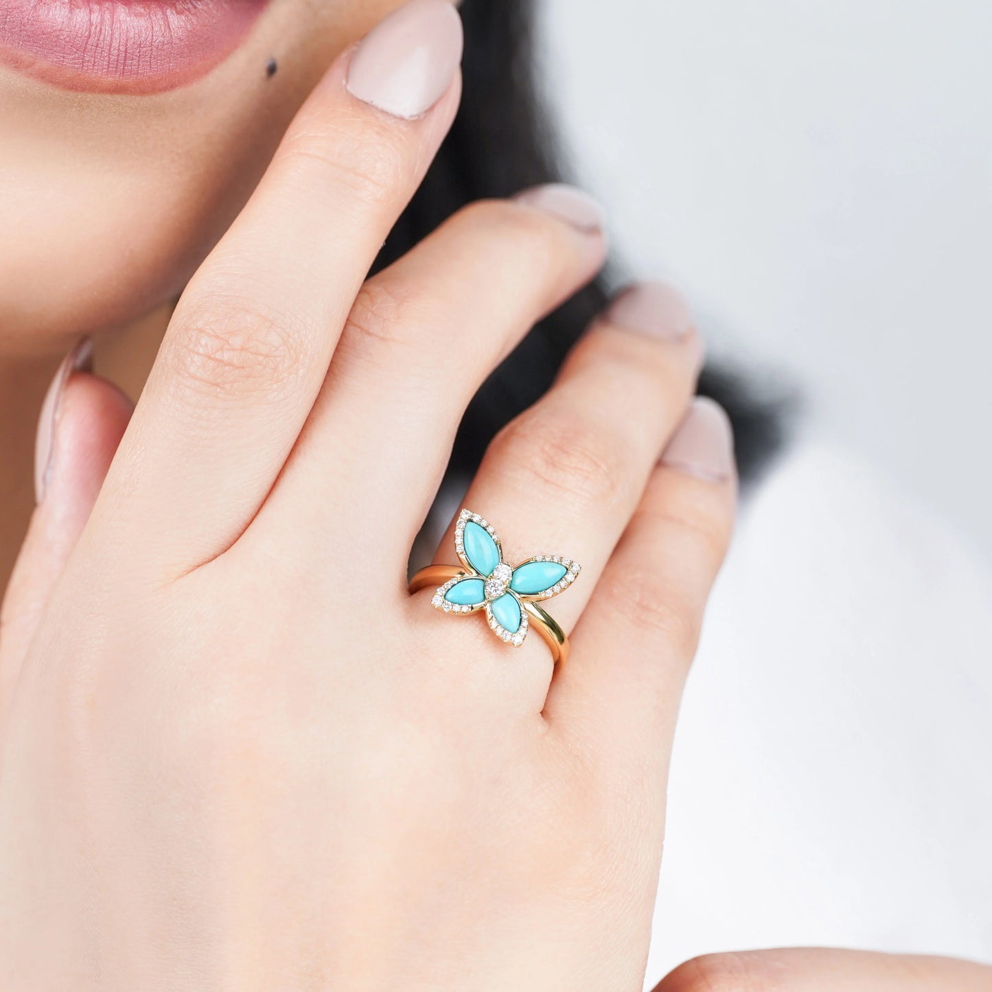 18K Yellow Gold Butterfly Ring with Turquoise and Natural Diamonds – Mosaic Collection