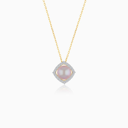 18K Yellow Gold Cultured Pearl Surrounded by Natural Diamond Necklace