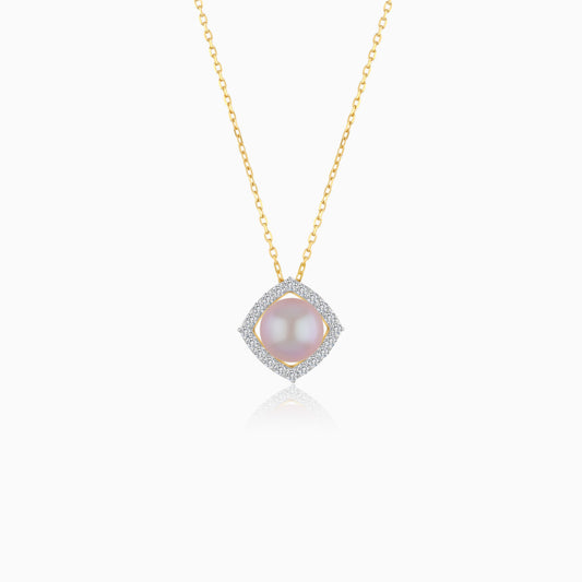 18K Yellow Gold Cultured Pearl Surrounded by Natural Diamond Necklace