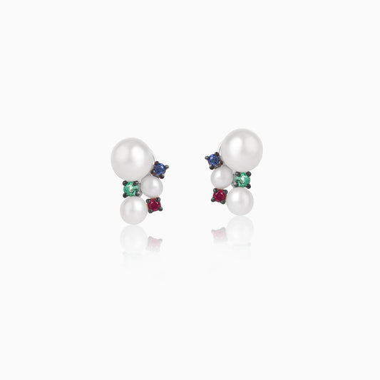 18k White gold stud earrings decorated with pearls and Gemstones | danah collection