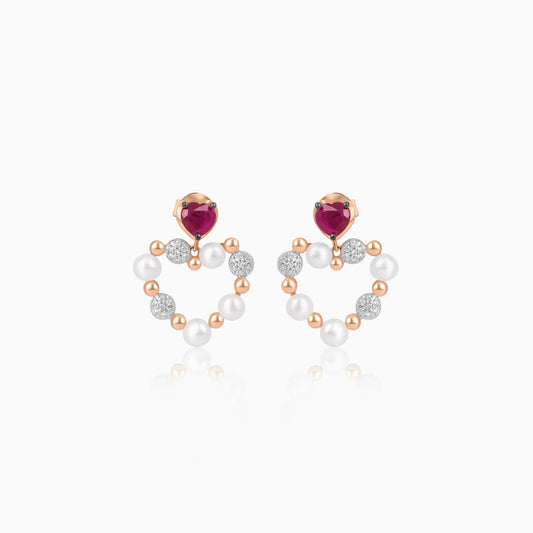 18k Rose Gold Heart-shaped earrings decorated with Pearl & Natural Diamond and Ruby | Danah Collection