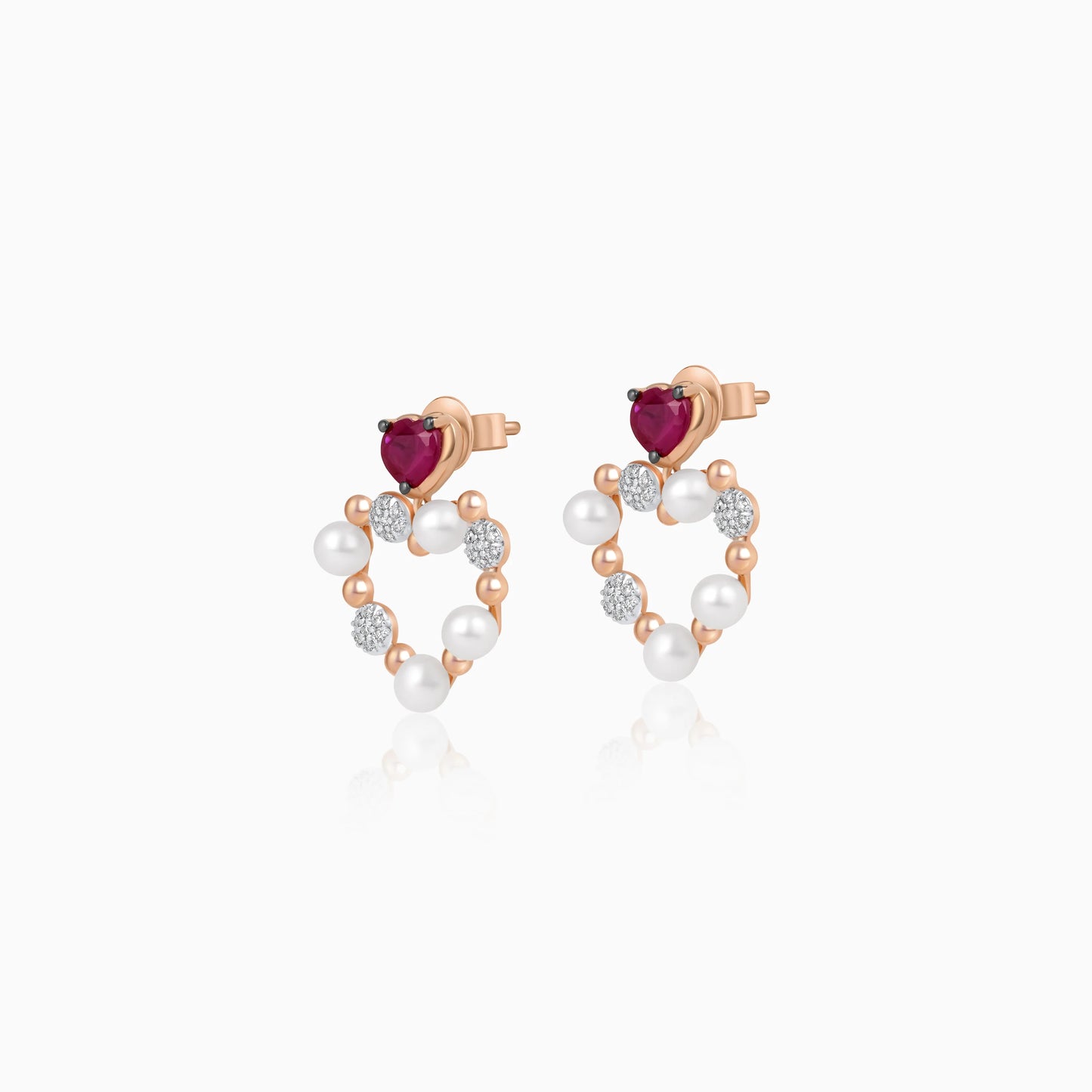 18k Rose Gold Heart-shaped earrings decorated with Pearl & Natural Diamond and Ruby | Danah Collection