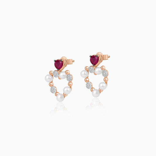 18k Rose Gold Heart-shaped earrings decorated with Pearl & Natural Diamond and Ruby | Danah Collection