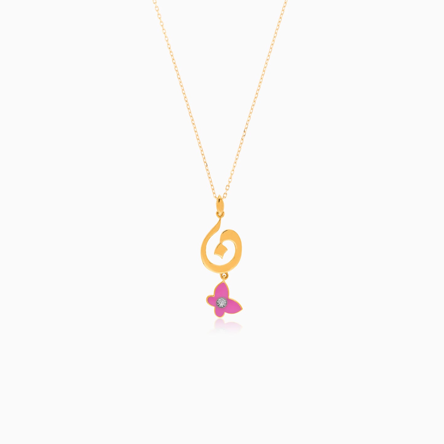 18K Yellow Gold Kids Necklace with 'Noon' Letter, Pink Enamel Butterfly & Diamond | Horoufi Kids Collection