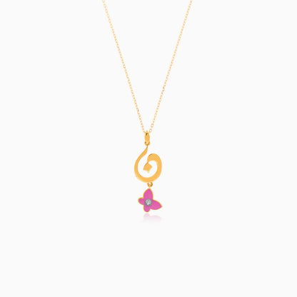 18K Yellow Gold Kids Necklace with 'Noon' Letter, Pink Enamel Butterfly & Diamond | Horoufi Kids Collection