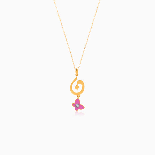 18K Yellow Gold Kids Necklace with 'Noon' Letter, Pink Enamel Butterfly & Diamond | Horoufi Kids Collection