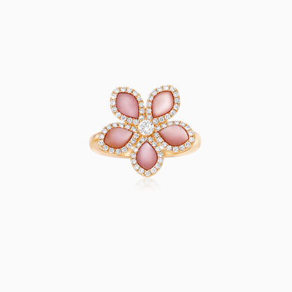 18K Yellow Gold Flower Ring with Natural Diamonds and Pink Mother of Pearl – Mosaic Collection
