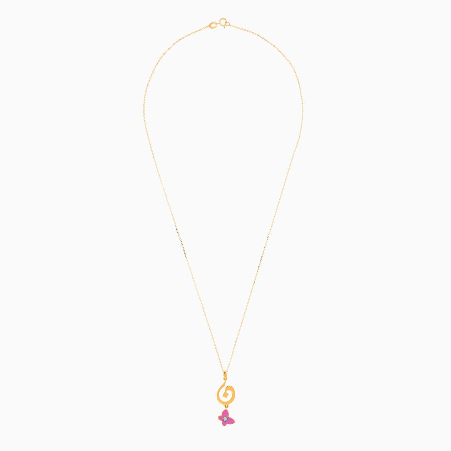 18K Yellow Gold Kids Necklace with 'Noon' Letter, Pink Enamel Butterfly & Diamond | Horoufi Kids Collection