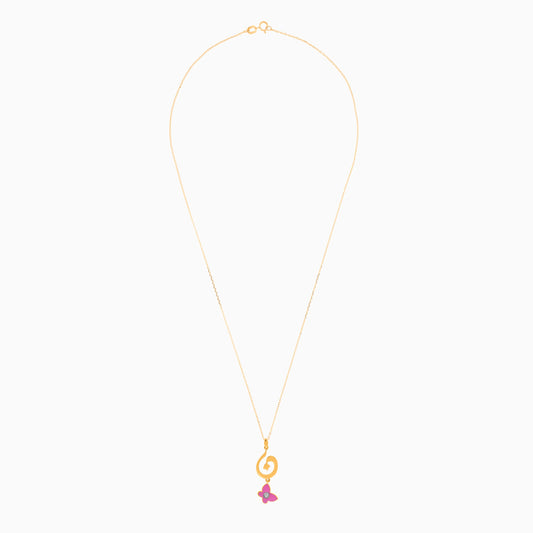 18K Yellow Gold Kids Necklace with 'Noon' Letter, Pink Enamel Butterfly & Diamond | Horoufi Kids Collection