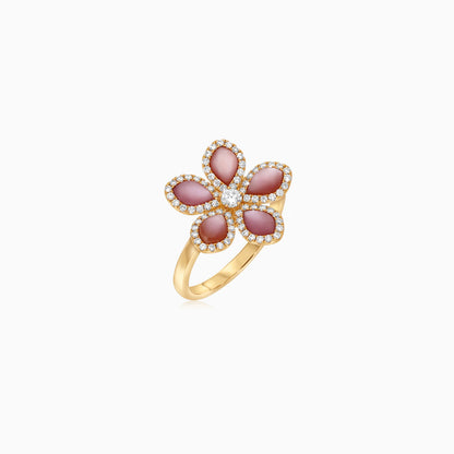 18K Yellow Gold Flower Ring with Natural Diamonds and Pink Mother of Pearl – Mosaic Collection