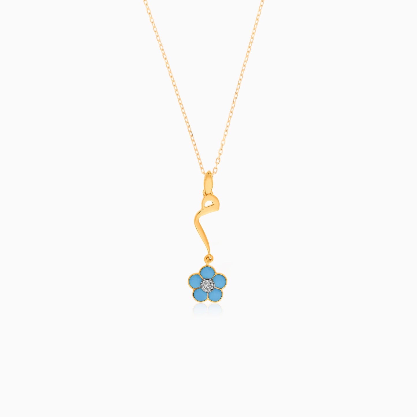 18k Yellow Gold Kids Necklace with Arabic 'Mem' Pendant & Turquoise Enamel Flower – Horoufi Kids Collection