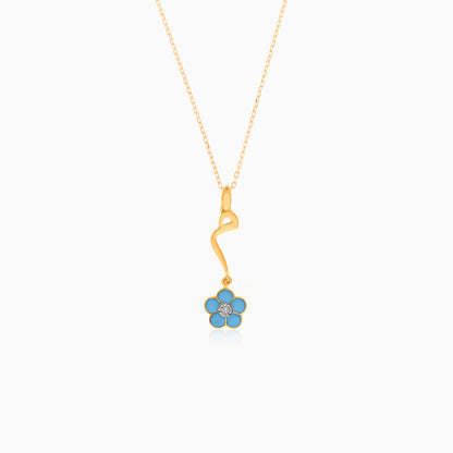 18k Yellow Gold Kids Necklace with Arabic 'Mem' Pendant & Turquoise Enamel Flower – Horoufi Kids Collection