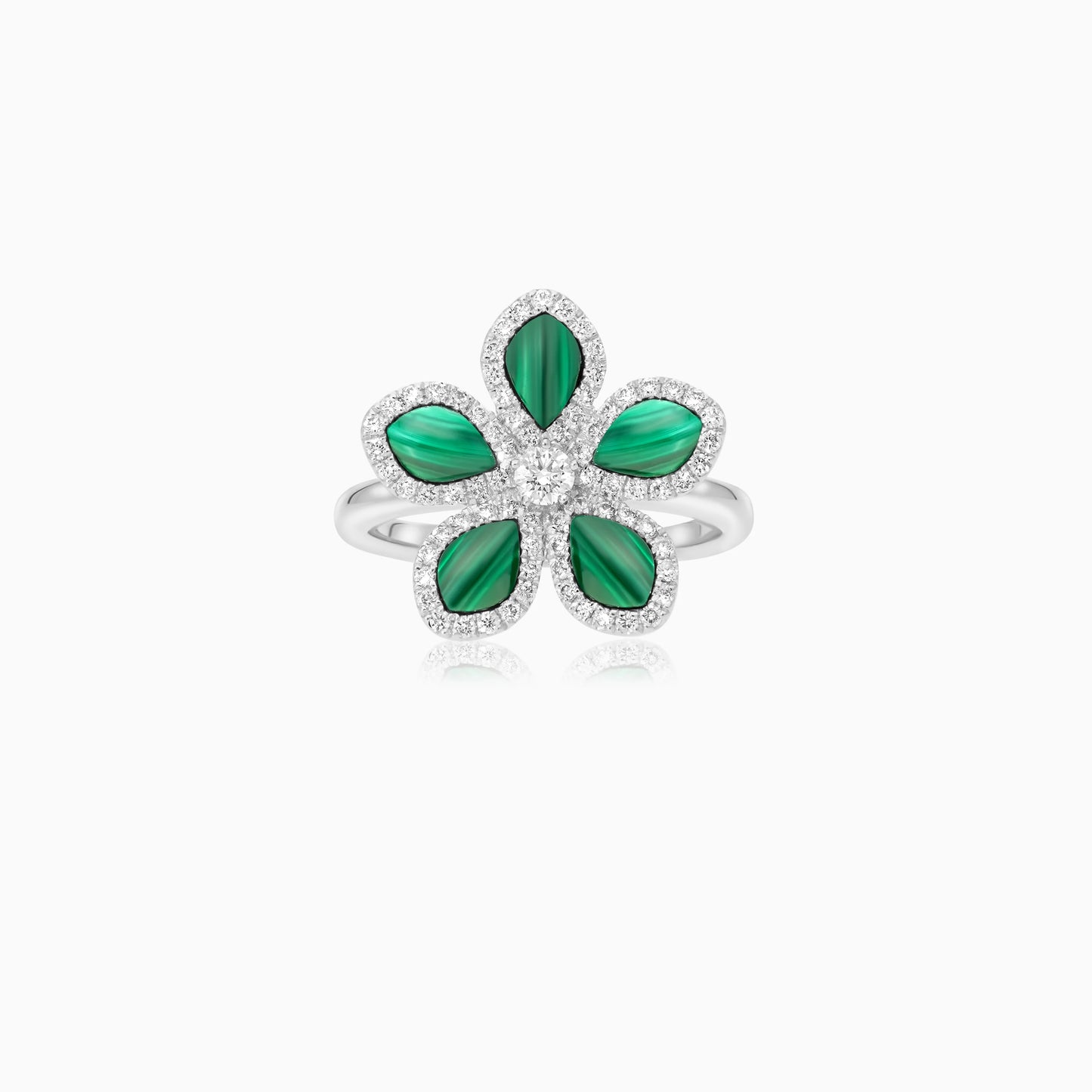 18K White Gold Flower Ring with Diamonds and Malachite – Mosaic Collection