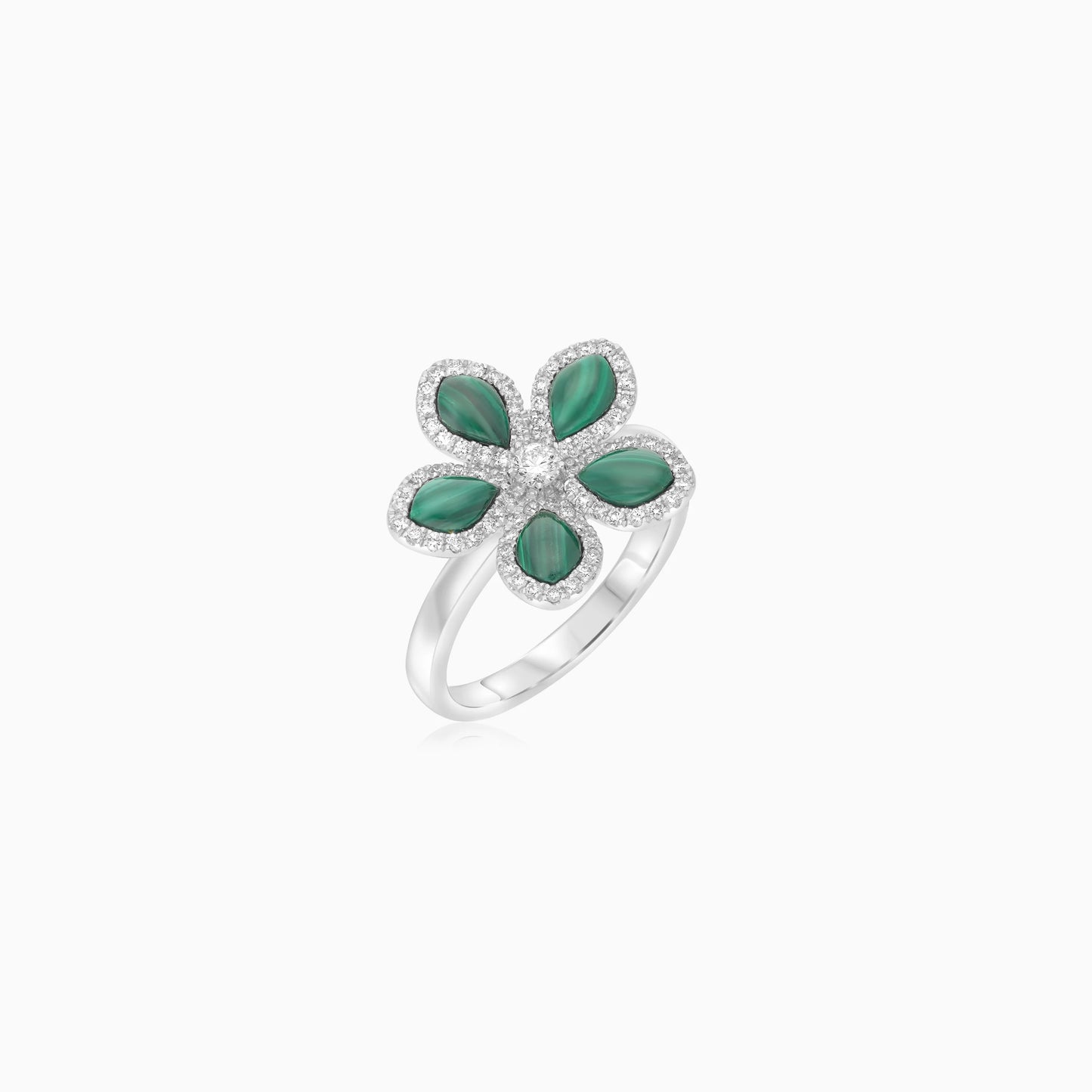 18K White Gold Flower Ring with Diamonds and Malachite – Mosaic Collection