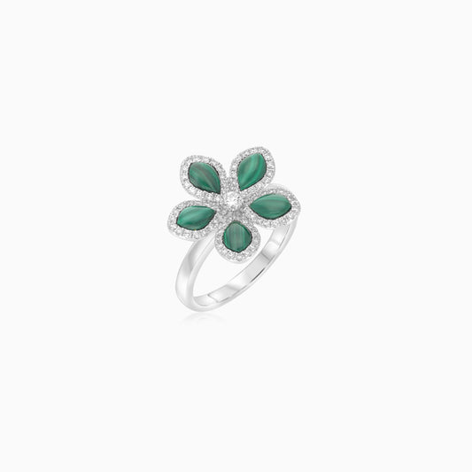 18K White Gold Flower Ring with Diamonds and Malachite – Mosaic Collection