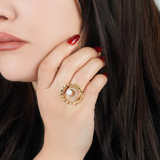 18k Yellow Gold Pearl & Zircon Ring | Danah Collection