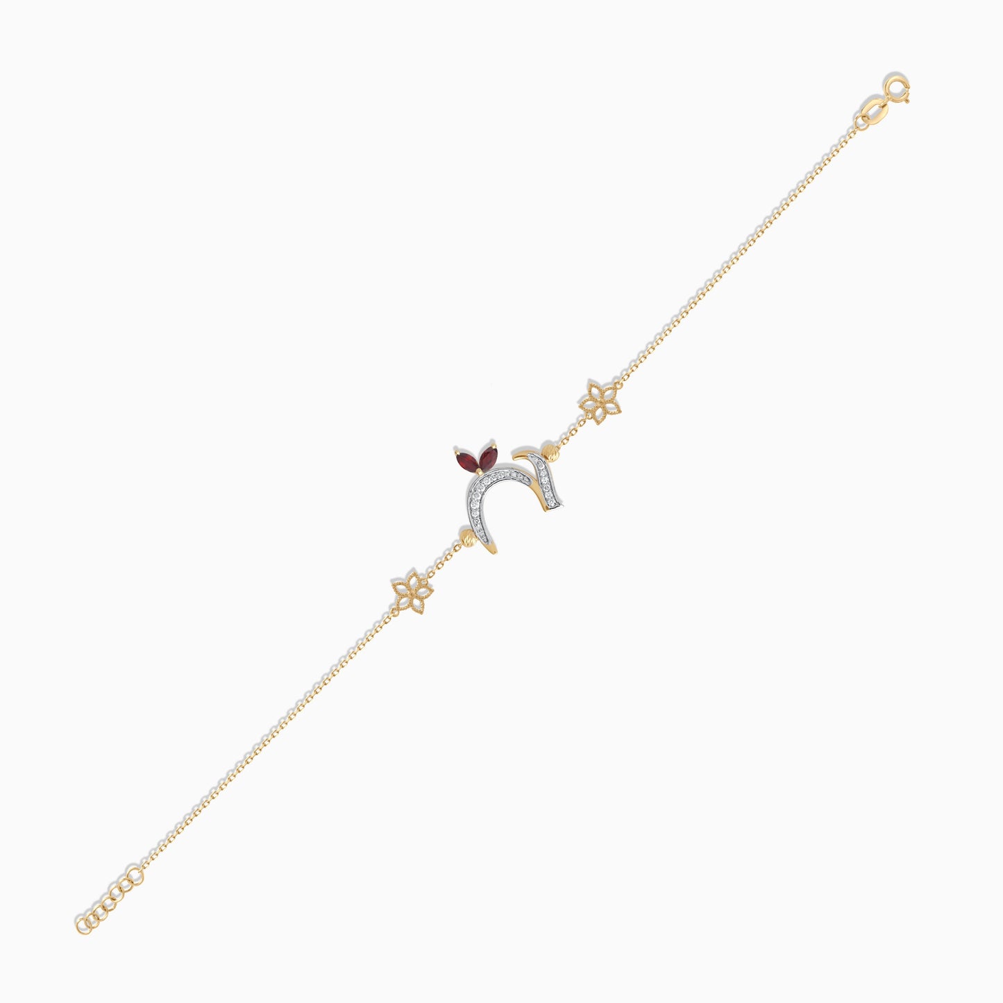 18k Yellow Gold ‘Haa’ Arabic Letter Bracelet with Diamonds & Red Garnet | Horoufi Diamond Collection