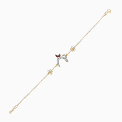 18k Yellow Gold ‘Haa’ Arabic Letter Bracelet with Diamonds & Red Garnet | Horoufi Diamond Collection