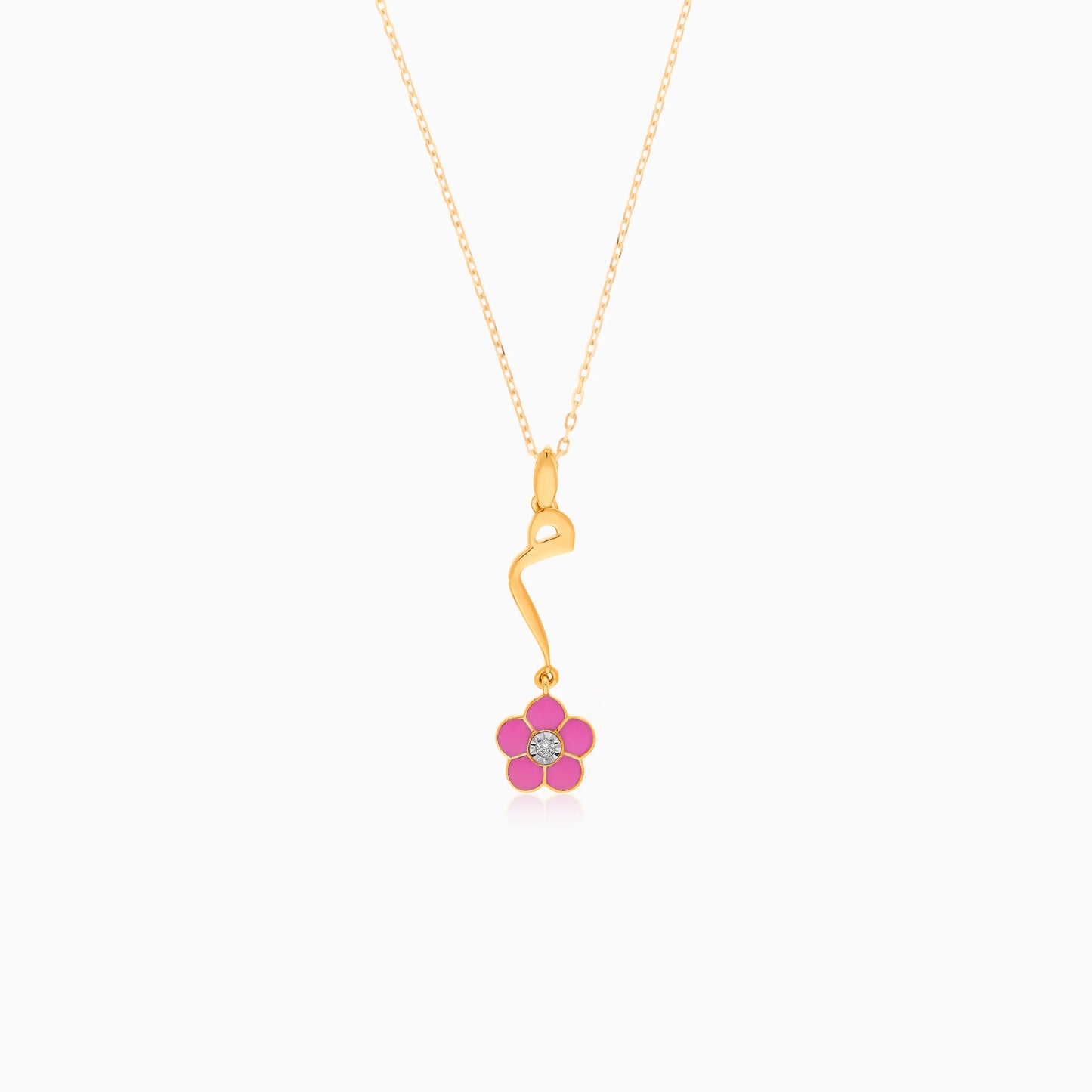18k Yellow Gold Kids Necklace – ‘Mem’ Lettering with Pink Flower & Natural Diamond | Horoufi Kids Collection