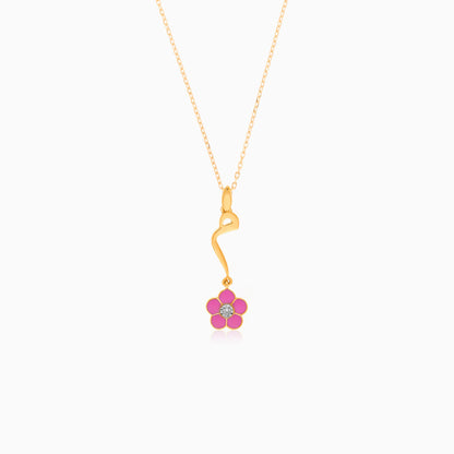 18k Yellow Gold Kids Necklace – ‘Mem’ Lettering with Pink Flower & Natural Diamond | Horoufi Kids Collection