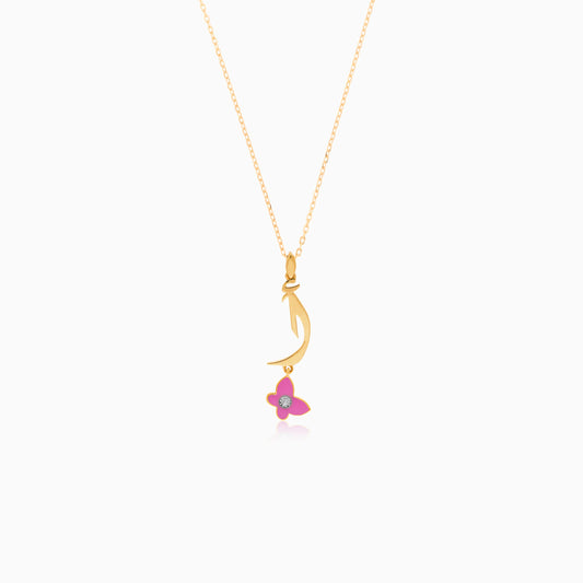 18K Yellow Gold Kids Necklace with Letter 'Alif' and Pink Butterfly | Horoufi Kids Collection