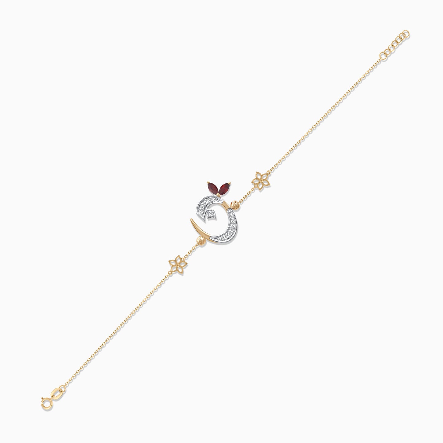 18K Gold Bracelet with Arabic Letter ‘Noon’ & Red Garnet | Horoufi Diamond Collection