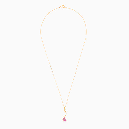 18K Yellow Gold Kids Necklace with Letter 'Alif' and Pink Butterfly | Horoufi Kids Collection