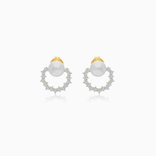 18K Yellow Gold Cultured Pearl and Diamond Stud Earrings