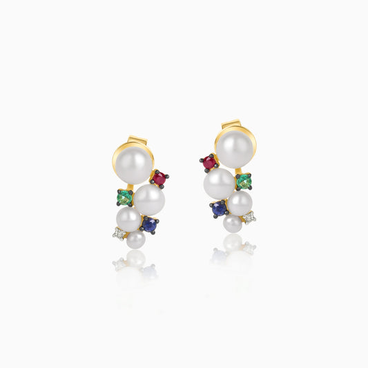 18k yellow gold Stud Earrings decorated with pearls and Natural Diamonds, Emerald,Blue Sapphire and Ruby | Danah Collection