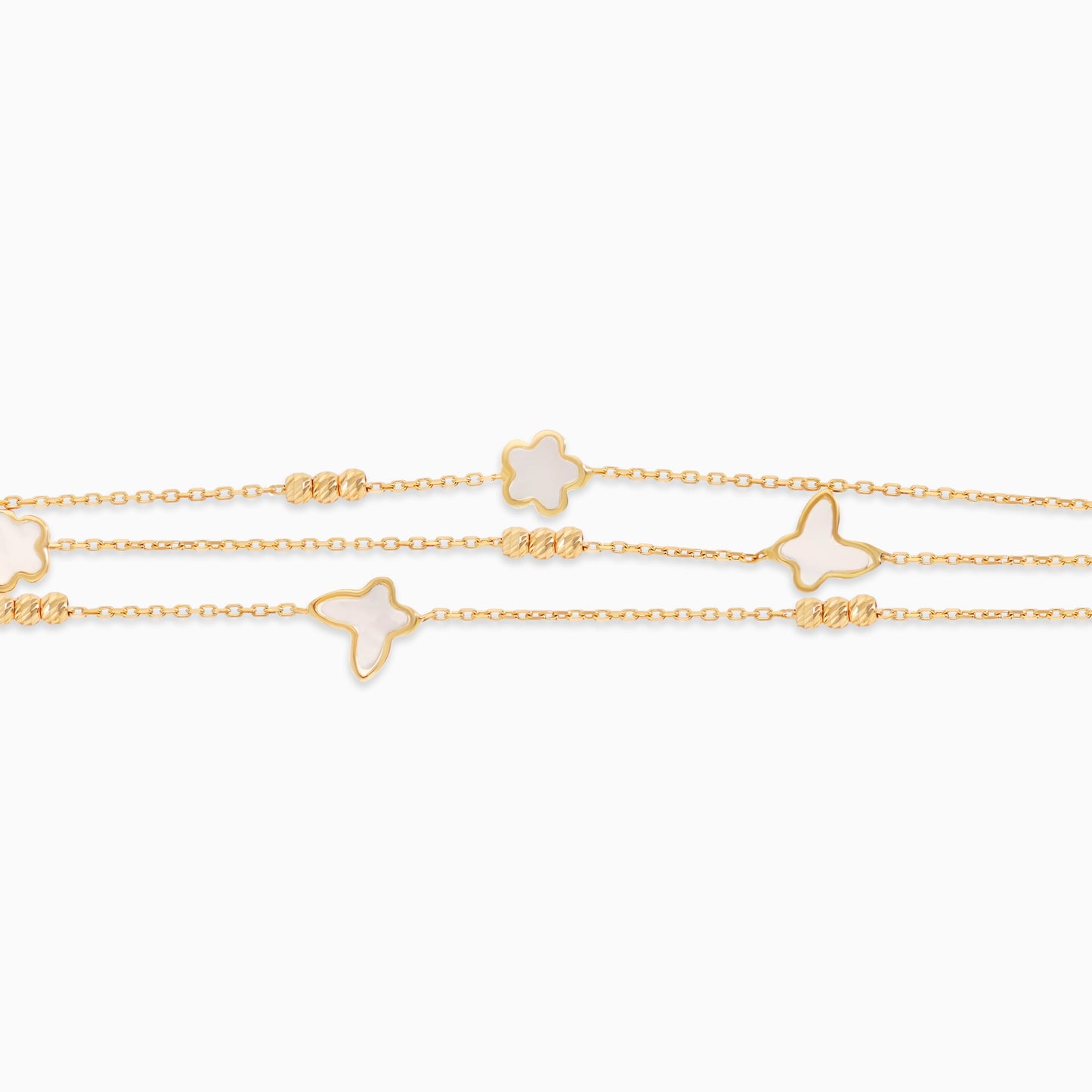 18k yellow gold bracelet three-layer decorated with mother of pearl in butterfly and flower shapes