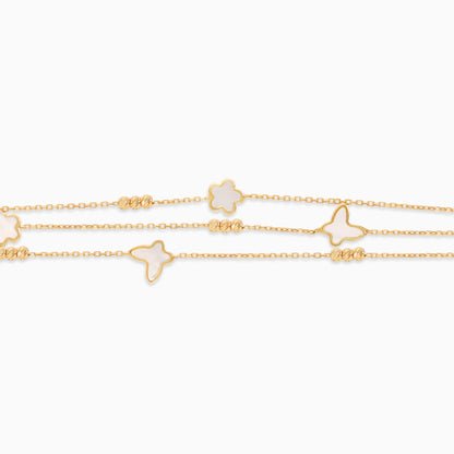 18k yellow gold bracelet three-layer decorated with mother of pearl in butterfly and flower shapes