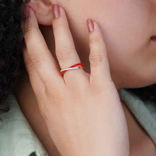 18K Rose Gold Ring with Diamonds and Red Ceramic | Alwan Collection
