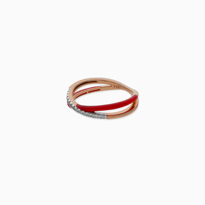 18k Rose Gold Ring with Diamonds and Red Ceramic