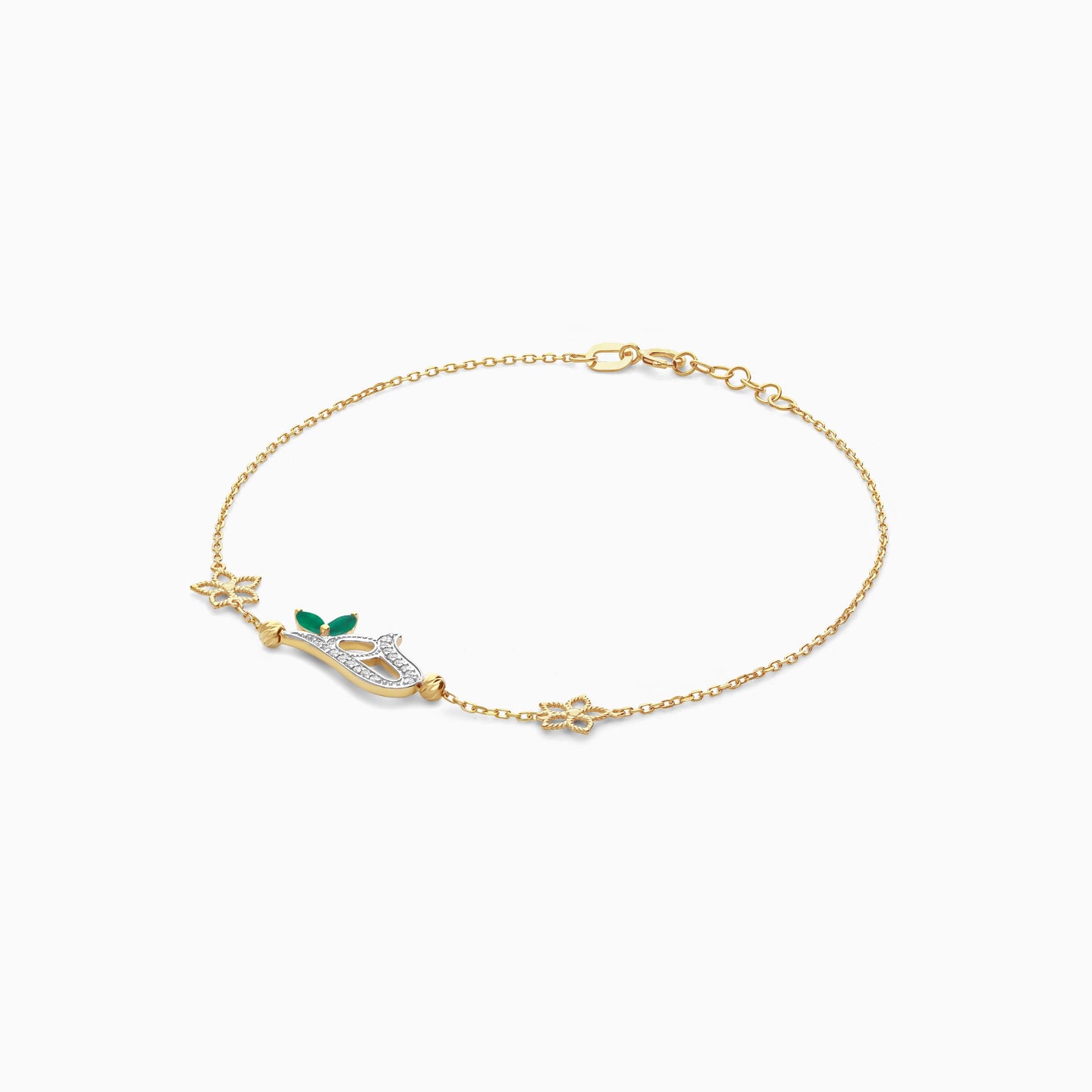 18K Yellow Gold Arabic Letter ‘Haa’ Bracelet with Natural Diamond & Green Agate | Horoufi Diamond Collection
