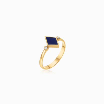 18K Yellow Gold Ring with Dark Blue Enamel & Natural Diamonds | Alwan Collection