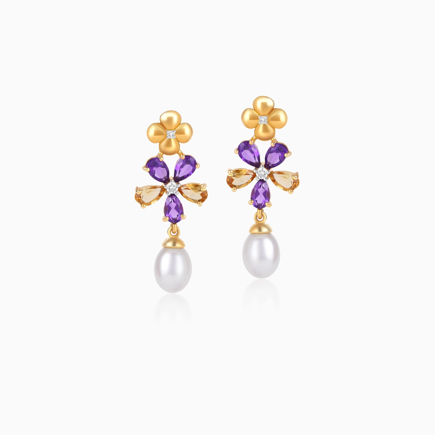 18K Yellow Gold Flower-Shaped Earrings with Dangling Diamonds, Gemstones & Pearls – Danah Collection