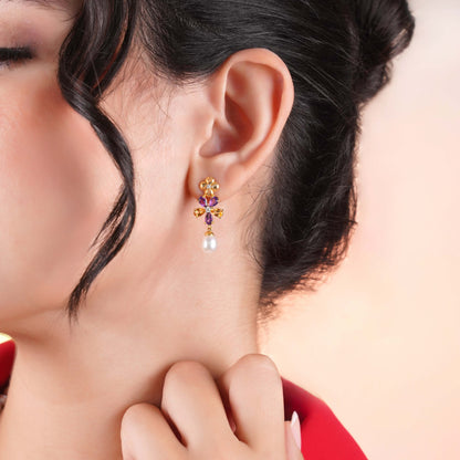 18K Yellow Gold Flower-Shaped Earrings with Dangling Diamonds, Gemstones & Pearls – Danah Collection