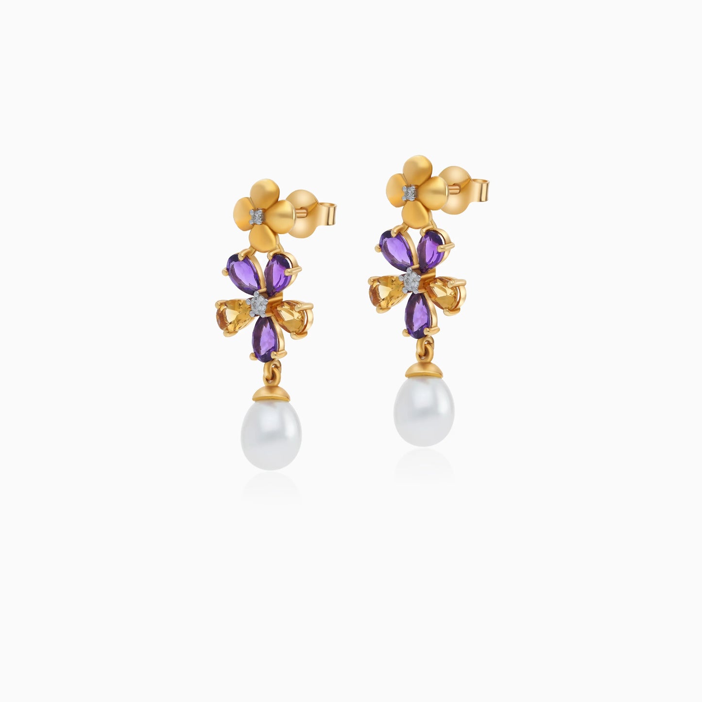 18K Yellow Gold Flower-Shaped Earrings with Dangling Diamonds, Gemstones & Pearls – Danah Collection
