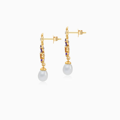 18K Yellow Gold Flower-Shaped Earrings with Dangling Diamonds, Gemstones & Pearls – Danah Collection