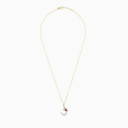 18k Yellow Gold 'Seen' Arabic Letter Necklace decorated  with natural diamond and garnet stones