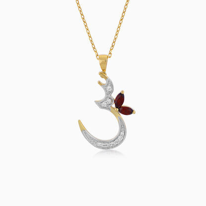 18k Yellow Gold 'Seen' Arabic Letter Necklace decorated  with natural diamond and garnet stones